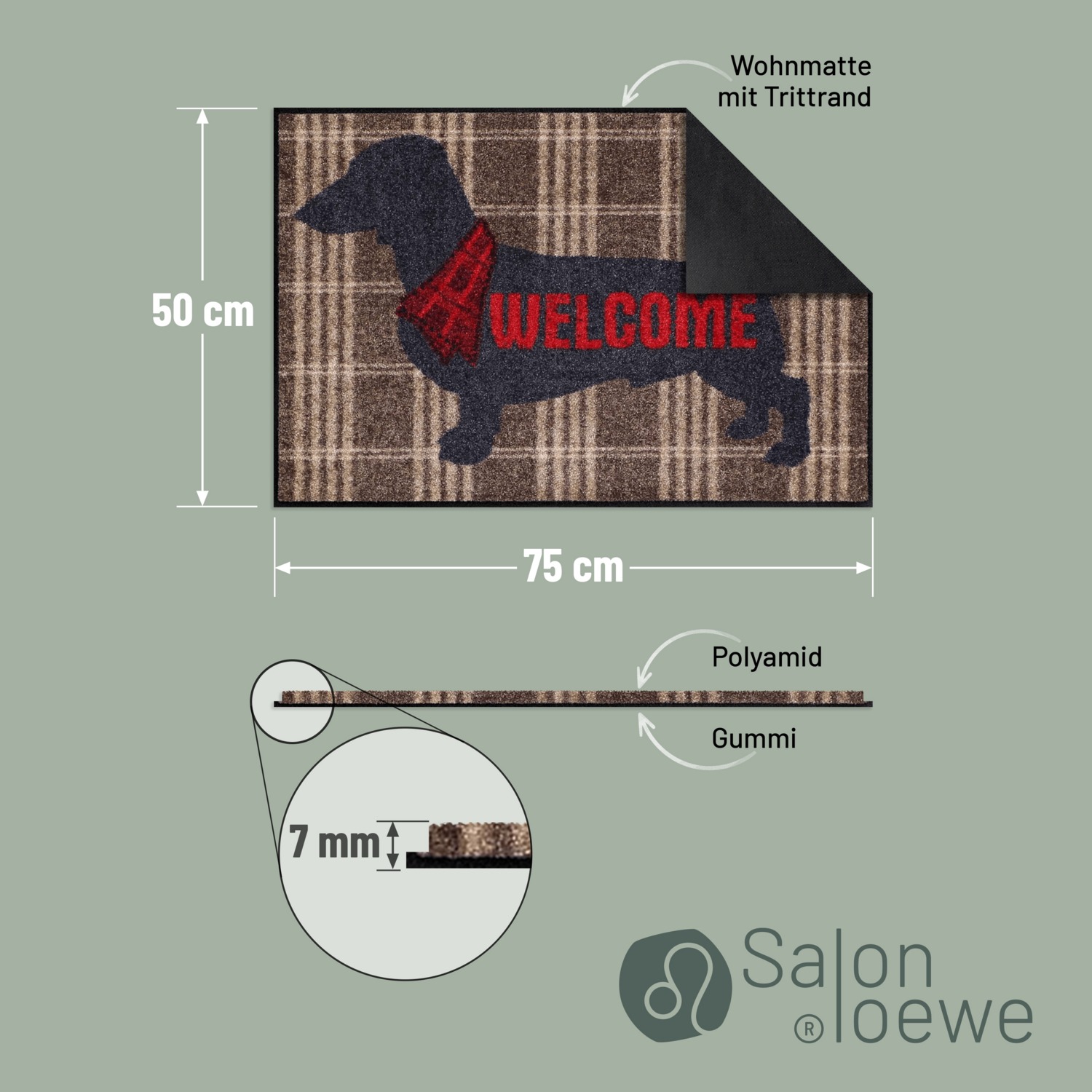 salonloewe-welcome-dog-eingangsmatte-50-x-75-cm-dackel-motiv-mit-karomuster image 4