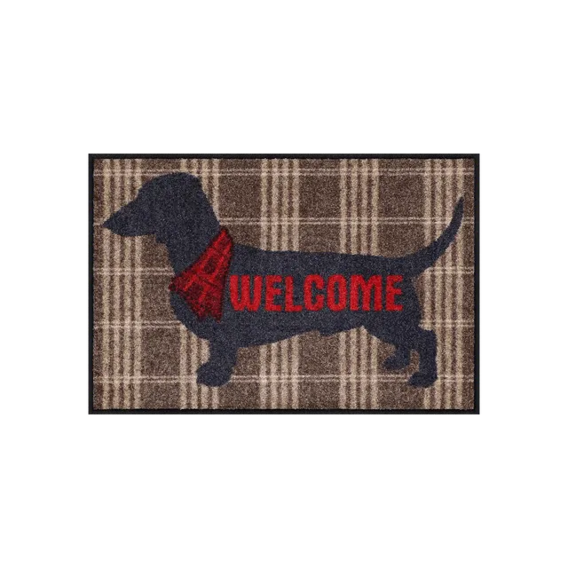 salonloewe-welcome-dog-eingangsmatte-50-x-75-cm-dackel-motiv-mit-karomuster image 1